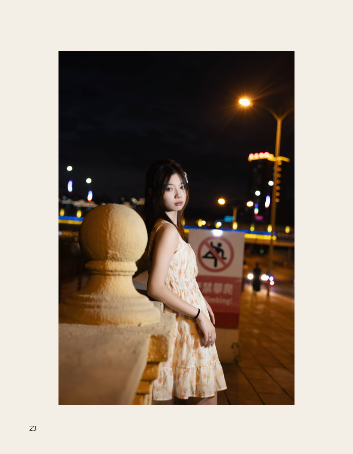 White dress portrait under a streetlamp