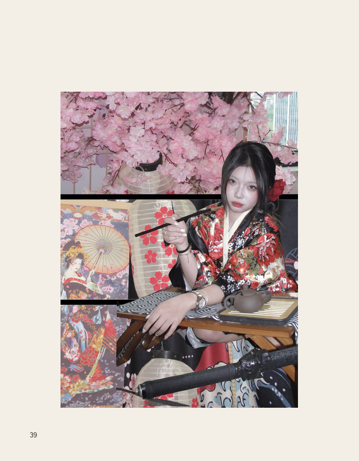 Portrait in a red patterned interior